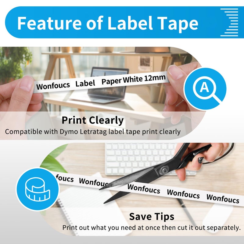 Wonfoucs Compatible with Dymo Label Make Refills 12 mm x 4 m 1/2 x 13 White Paper Label Refill, Compatible with Dymo Letratag Refills for LT-100H LT-110T LT-200B QX50, 5-Pack - Image 4